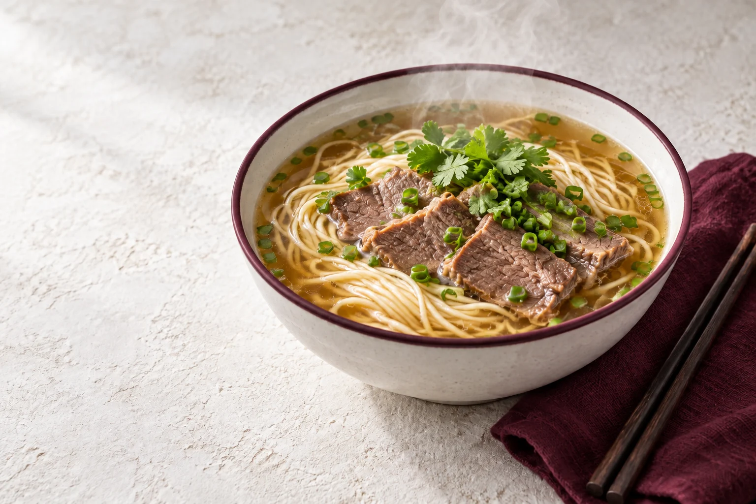 Soupe de nouilles au bœuf avec coriandre dans un bol au liseré prune